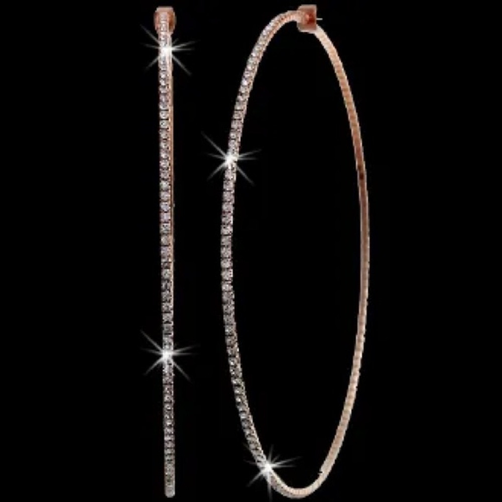 2.2" Long BLING Pave Set SPARKLE Crystal rhinestone cz Hoop Earrings Rose Gold